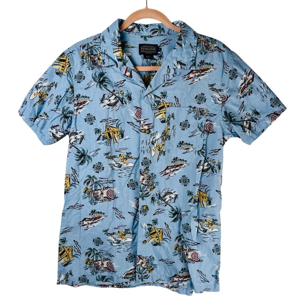 Pendleton Aloha Hawaiian Shirt Mens Large Loose Fit Surfing Palm Trees Blue